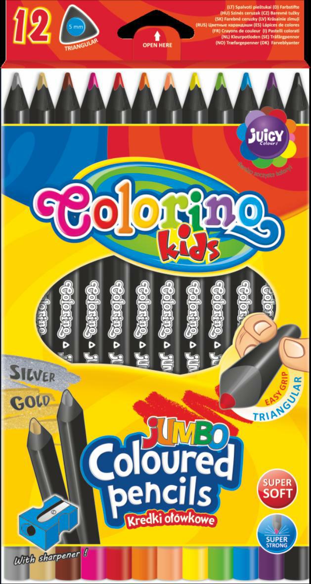 Pastelky trojhranné JUMBO, černé dřevo, s ořezávátkem, 12 barev