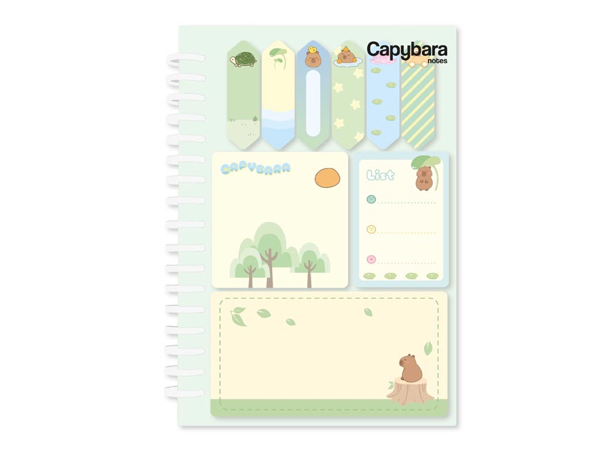 Samolepicí bloček capybara se spirálou set zelený