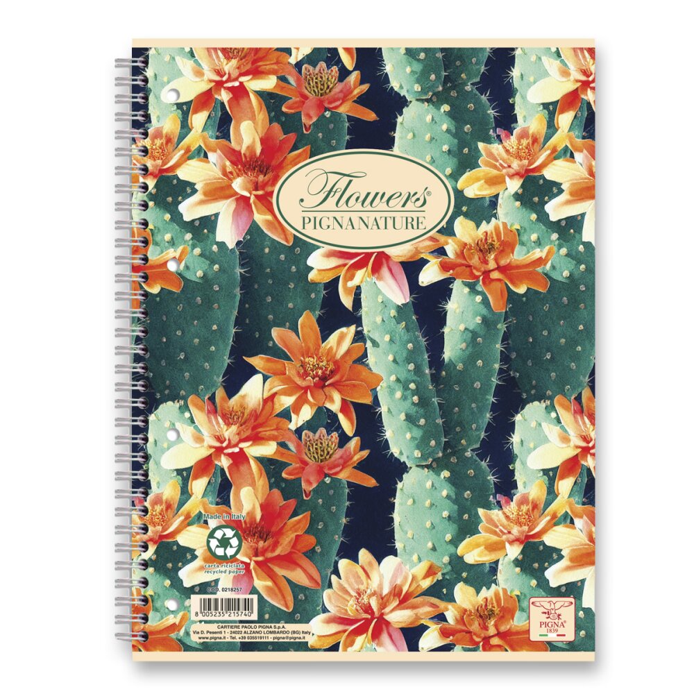 Kroužkový blok Pigna Nature Flowers - A4, linkovaný, 60 listů Kaktusy