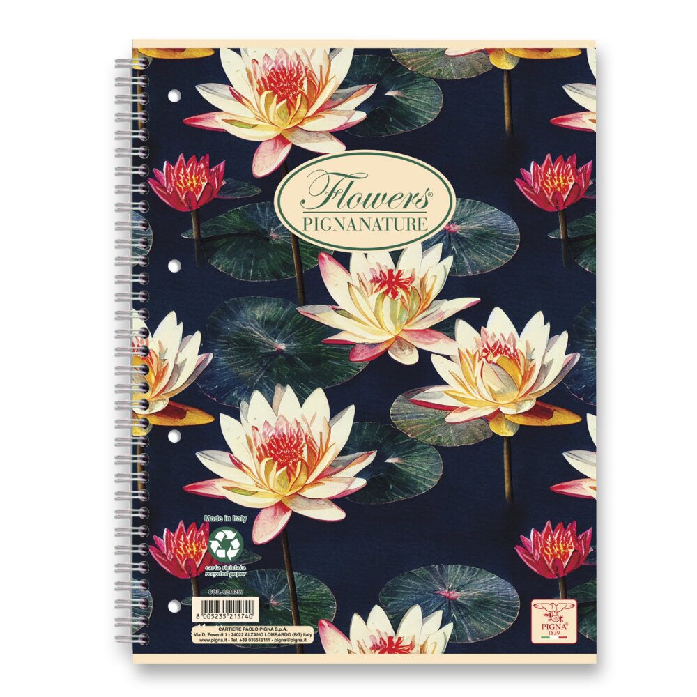 Kroužkový blok Pigna Nature Flowers - A4, linkovaný, 60 listů Lekníny
