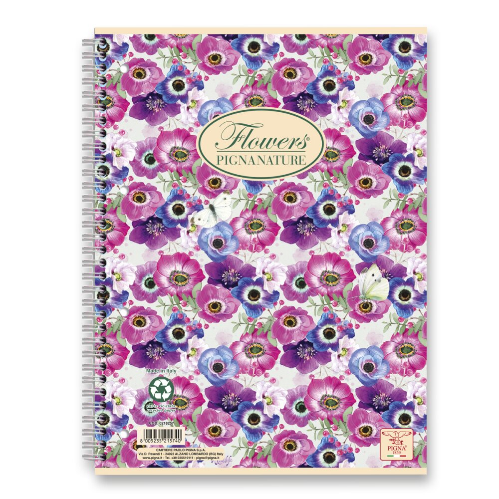 Kroužkový blok Pigna Nature Flowers - A4, linkovaný, 60 listů Anemonky