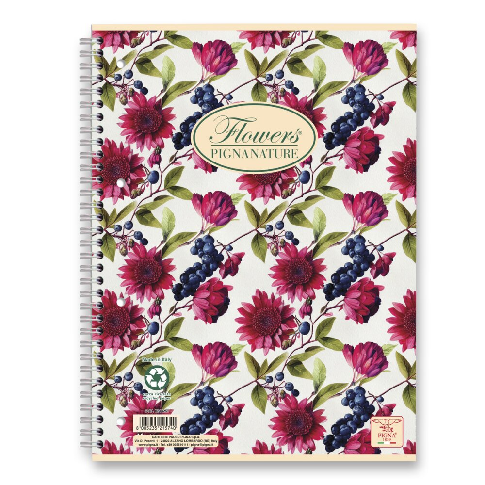 Kroužkový blok Pigna Nature Flowers - A4, linkovaný, 60 listů Red