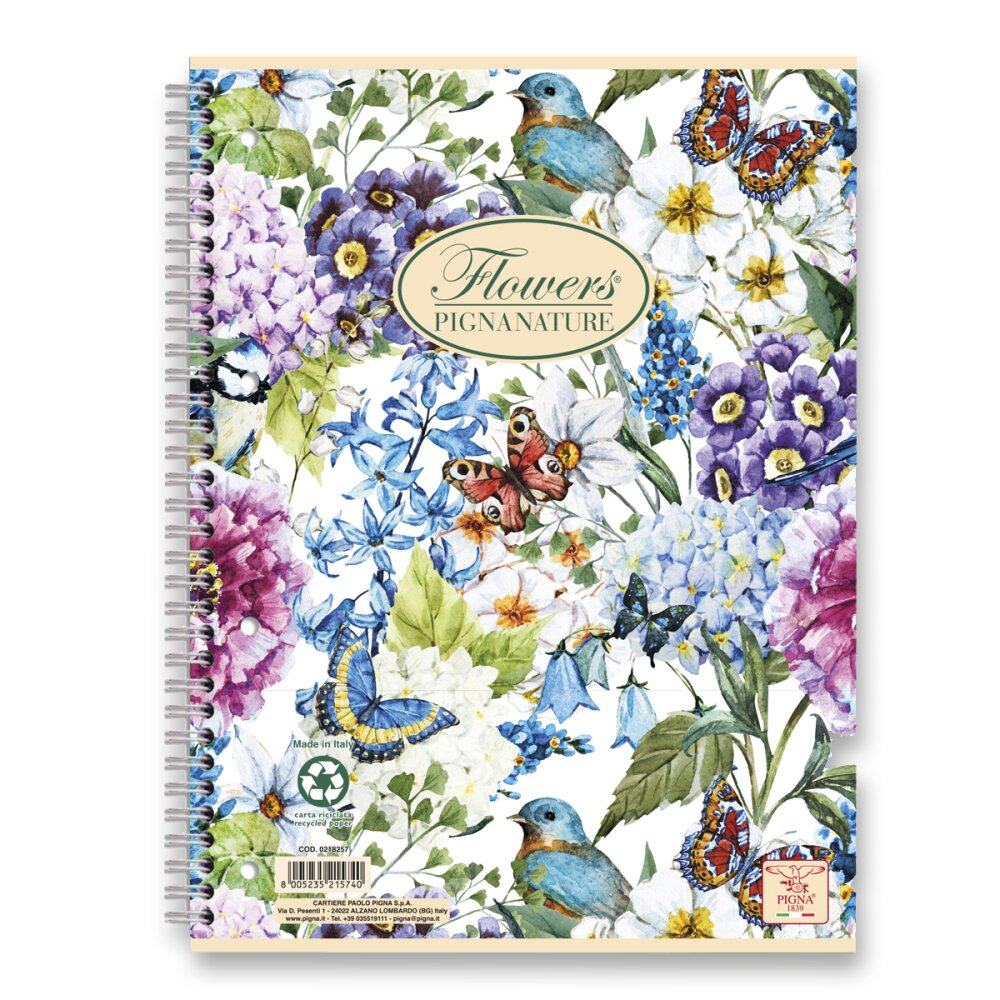 Kroužkový blok Pigna Nature Flowers - A5, čtverečkovaný, 60 listů Motýl