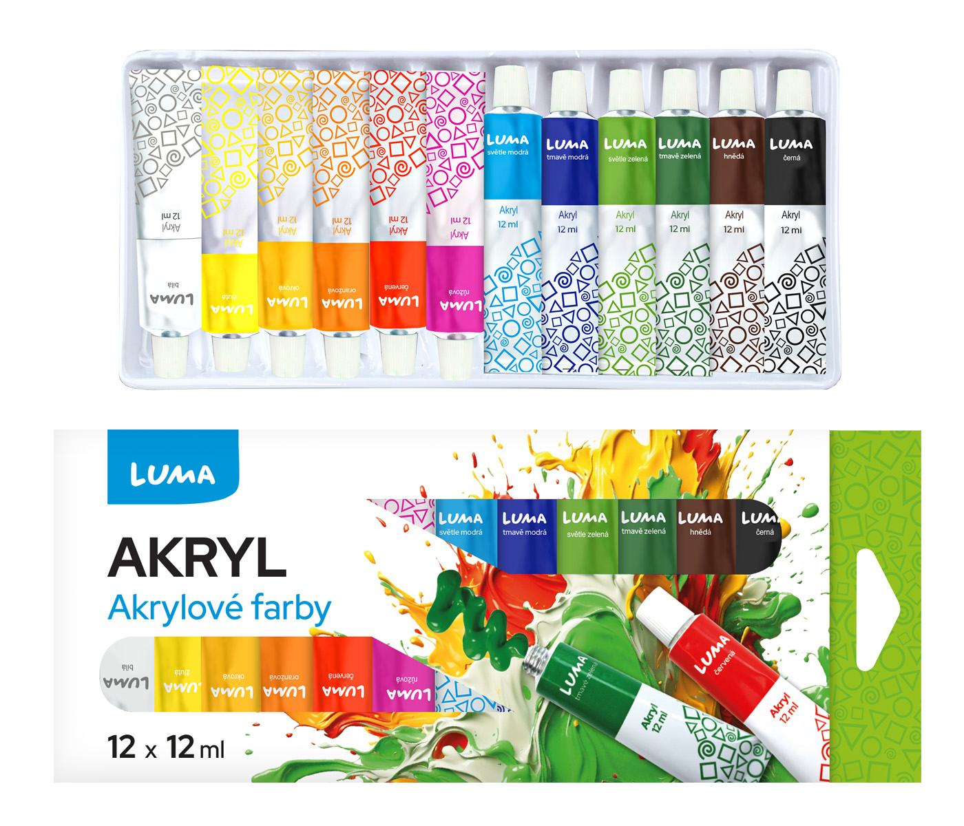 Akrylové barvy 12 ml, 12 barev LUMA