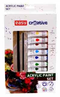 Akrylové barvy set - 12 barev, 2 štětce a paleta