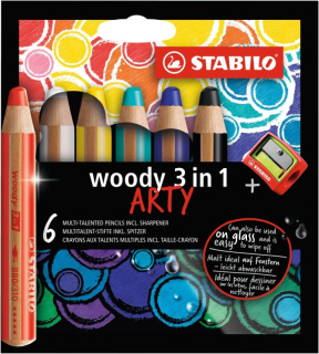 Pastelky STABILO Woody 3in1, sada 6 ks v pouzdru s ořezávátkem "ARTY"